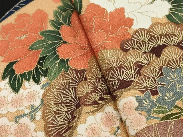 平和屋着物▼黒留袖　解き反物　着尺　駒刺繍　地紙草花文　金彩　逸品　DABK3844zy