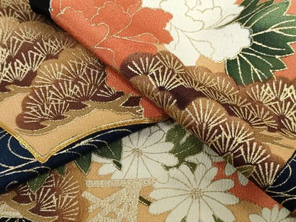 平和屋着物▼黒留袖　解き反物　着尺　駒刺繍　地紙草花文　金彩　逸品　DABK3844zy
