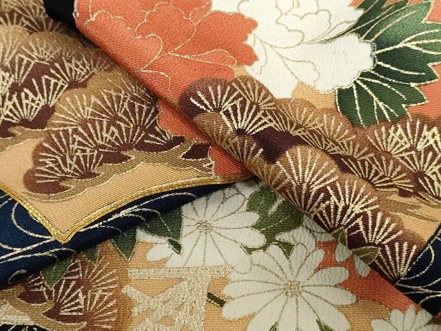 平和屋着物▼黒留袖　解き反物　着尺　駒刺繍　地紙草花文　金彩　逸品　DABK3844zy