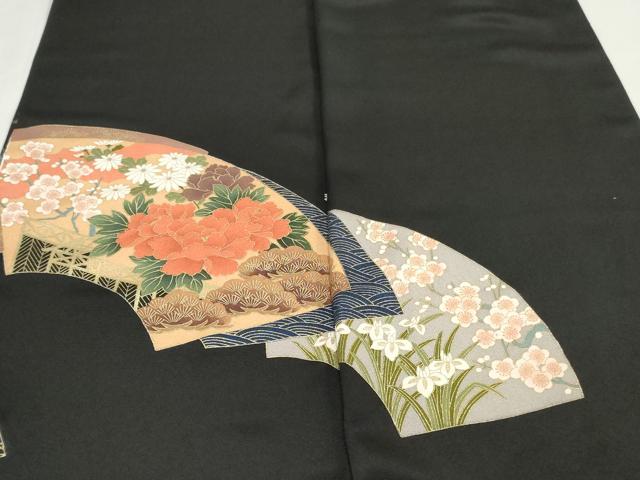 平和屋着物▼黒留袖　解き反物　着尺　駒刺繍　地紙草花文　金彩　逸品　DABK3844zy