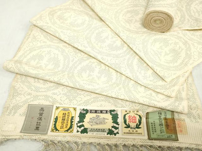 平和屋着物▼結城紬　反物　着尺　花鳥丸文　証紙付き　逸品　未使用　DABK3859zy