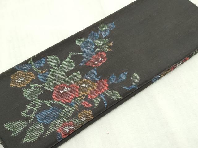 平和屋着物▼紬　反物　着尺　草花文　黒地　逸品　未使用　DABK3944zy