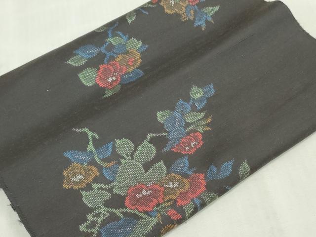 平和屋着物▼紬　反物　着尺　草花文　黒地　逸品　未使用　DABK3944zy