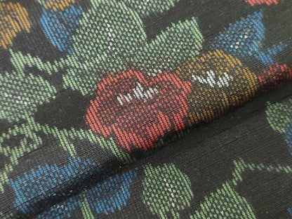 平和屋着物▼紬　反物　着尺　草花文　黒地　逸品　未使用　DABK3944zy