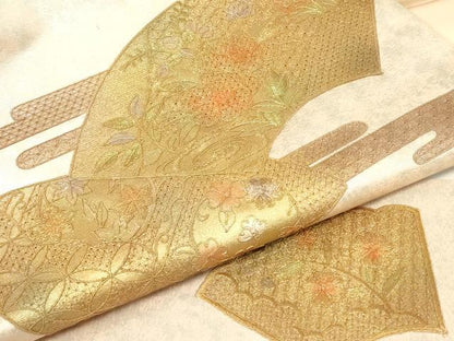 平和屋着物▼中国三大刺繍　スワトウ刺繍　汕頭刺繍　九寸名古屋帯　地紙花文　金彩　引箔　正絹　逸品　未使用　DABK4009az