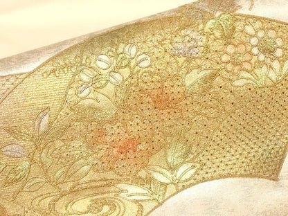 平和屋着物▼中国三大刺繍　スワトウ刺繍　汕頭刺繍　九寸名古屋帯　地紙花文　金彩　引箔　正絹　逸品　未使用　DABK4009az