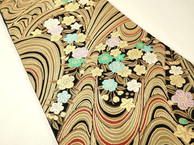 平和屋着物▼六通柄袋帯　流水花文　金糸　正絹　逸品　DABK4083az