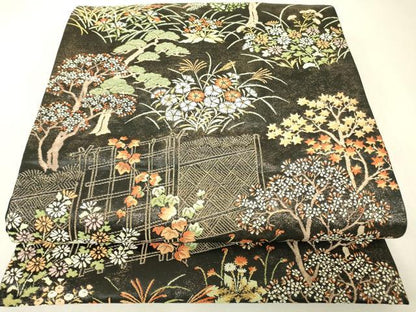 平和屋着物▼六通柄袋帯　籬花文　黒地　金糸　正絹　逸品　DABK4088az