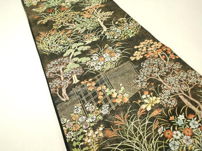 平和屋着物▼六通柄袋帯　籬花文　黒地　金糸　正絹　逸品　DABK4088az