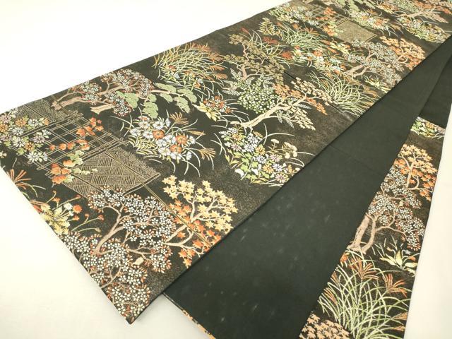 平和屋着物▼六通柄袋帯　籬花文　黒地　金糸　正絹　逸品　DABK4088az