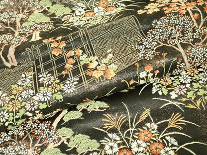 平和屋着物▼六通柄袋帯　籬花文　黒地　金糸　正絹　逸品　DABK4088az