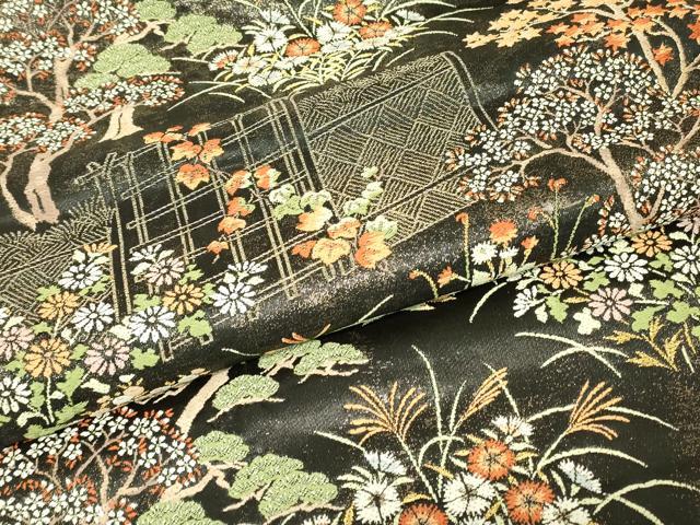 平和屋着物▼六通柄袋帯　籬花文　黒地　金糸　正絹　逸品　DABK4088az