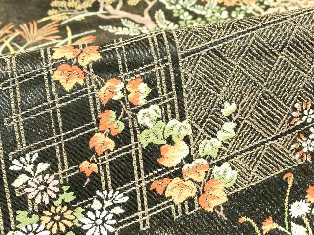 平和屋着物▼六通柄袋帯　籬花文　黒地　金糸　正絹　逸品　DABK4088az