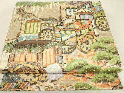 平和屋着物▼六通柄袋帯　桃山御所車　金糸　正絹　逸品　DABK4106az