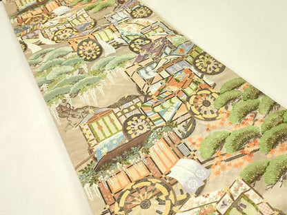 平和屋着物▼六通柄袋帯　桃山御所車　金糸　正絹　逸品　DABK4106az