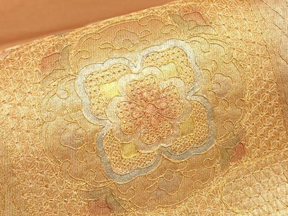 平和屋着物▼中国三大刺繍　スワトウ刺繍　汕頭刺繍　太鼓柄袋帯　駒刺繍　霞取正倉院花文　金糸　正絹　逸品　DABK4110az