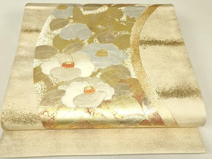 平和屋着物▼太鼓柄袋帯　駒刺繍　枝椿　金銀彩　引箔　正絹　逸品　DABK4144az