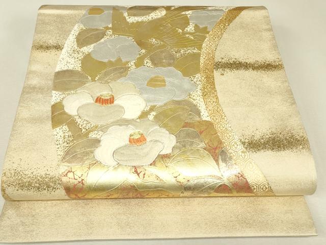 平和屋着物▼太鼓柄袋帯　駒刺繍　枝椿　金銀彩　引箔　正絹　逸品　DABK4144az