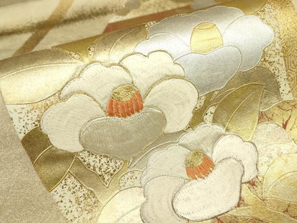 平和屋着物▼太鼓柄袋帯　駒刺繍　枝椿　金銀彩　引箔　正絹　逸品　DABK4144az