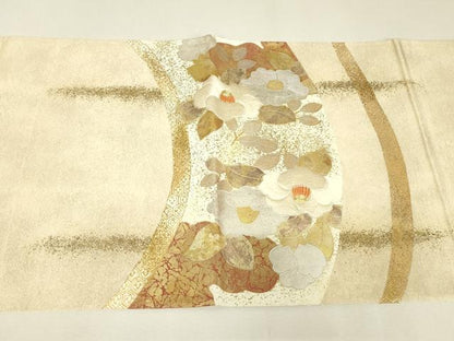 平和屋着物▼太鼓柄袋帯　駒刺繍　枝椿　金銀彩　引箔　正絹　逸品　DABK4144az