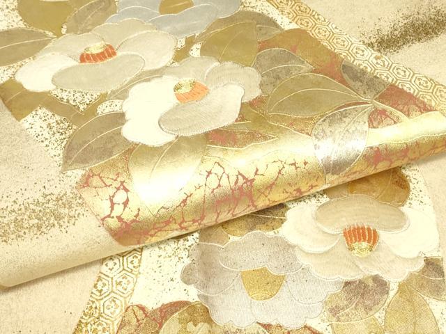 平和屋着物▼太鼓柄袋帯　駒刺繍　枝椿　金銀彩　引箔　正絹　逸品　DABK4144az