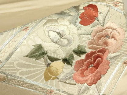 平和屋着物▼総刺繍　太鼓柄袋帯　駒刺繍　天井花文　銀糸　正絹　逸品　DABK4157az
