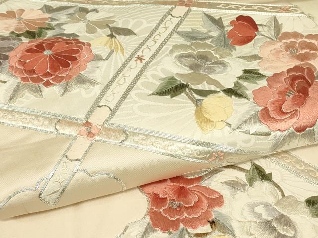 平和屋着物▼総刺繍　太鼓柄袋帯　駒刺繍　天井花文　銀糸　正絹　逸品　DABK4157az