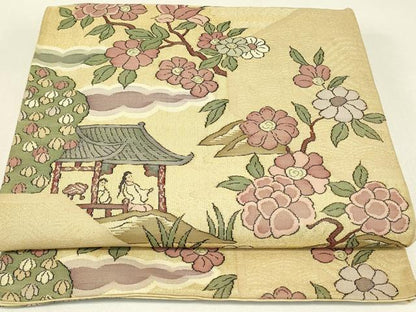 平和屋着物▼明綴　袋帯　人物風景花文　金糸　正絹　逸品　DABK4158az