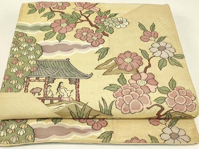 平和屋着物▼明綴　袋帯　人物風景花文　金糸　正絹　逸品　DABK4158az