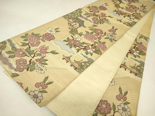 平和屋着物▼明綴　袋帯　人物風景花文　金糸　正絹　逸品　DABK4158az