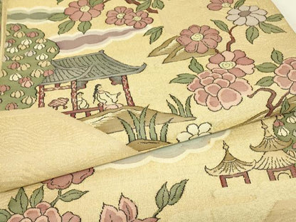 平和屋着物▼明綴　袋帯　人物風景花文　金糸　正絹　逸品　DABK4158az