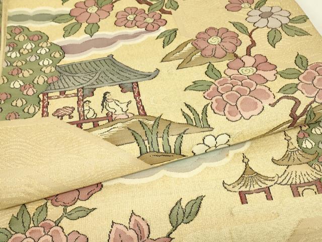 平和屋着物▼明綴　袋帯　人物風景花文　金糸　正絹　逸品　DABK4158az