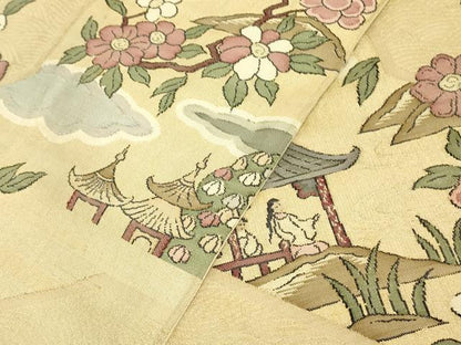 平和屋着物▼明綴　袋帯　人物風景花文　金糸　正絹　逸品　DABK4158az