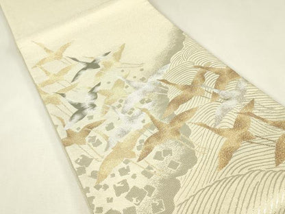 平和屋着物▼太鼓柄袋帯　明綴　群鶴　金銀糸　正絹　逸品　DABK4218az