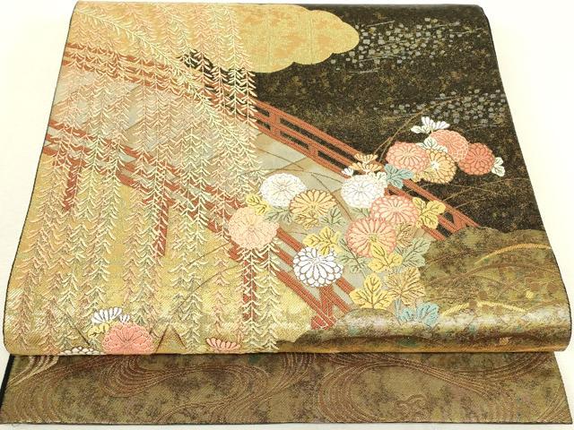 平和屋着物▼西陣　とみや織物謹製　とみや帯　六通柄袋帯　柳橋寿菊文　金糸　引箔　正絹　逸品　DABK4242az