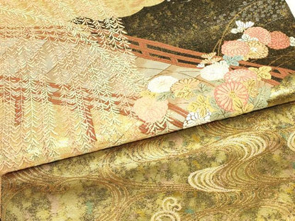 平和屋着物▼西陣　とみや織物謹製　とみや帯　六通柄袋帯　柳橋寿菊文　金糸　引箔　正絹　逸品　DABK4242az