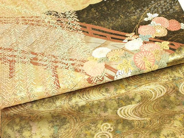 平和屋着物▼西陣　とみや織物謹製　とみや帯　六通柄袋帯　柳橋寿菊文　金糸　引箔　正絹　逸品　DABK4242az