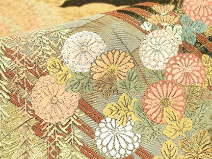平和屋着物▼西陣　とみや織物謹製　とみや帯　六通柄袋帯　柳橋寿菊文　金糸　引箔　正絹　逸品　DABK4242az