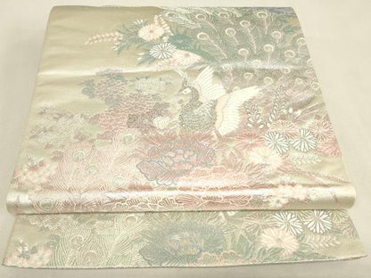 平和屋着物▼六通柄袋帯　九百プラチナ　牡丹孔雀文　正絹　逸品　DABK4272az