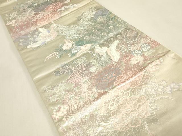 平和屋着物▼六通柄袋帯　九百プラチナ　牡丹孔雀文　正絹　逸品　DABK4272az