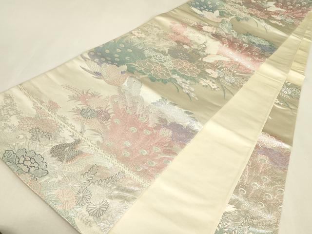 平和屋着物▼六通柄袋帯　九百プラチナ　牡丹孔雀文　正絹　逸品　DABK4272az