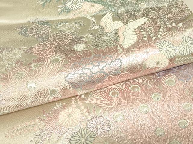 平和屋着物▼六通柄袋帯　九百プラチナ　牡丹孔雀文　正絹　逸品　DABK4272az