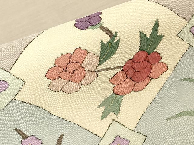 平和屋着物▼明綴　太鼓柄袋帯　枝花牡丹文　金糸　正絹　逸品　DABK4291az