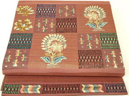 平和屋着物▼太鼓柄袋帯　刺繍　更紗花文　金糸　正絹　逸品　DABK4293az
