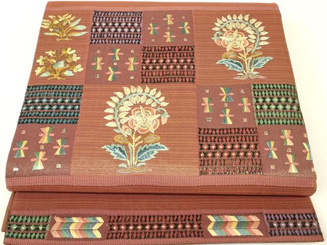 平和屋着物▼太鼓柄袋帯　刺繍　更紗花文　金糸　正絹　逸品　DABK4293az