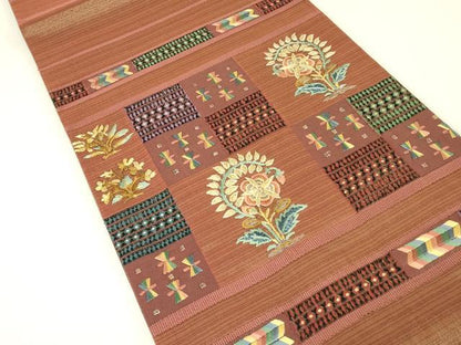 平和屋着物▼太鼓柄袋帯　刺繍　更紗花文　金糸　正絹　逸品　DABK4293az