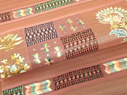 平和屋着物▼太鼓柄袋帯　刺繍　更紗花文　金糸　正絹　逸品　DABK4293az