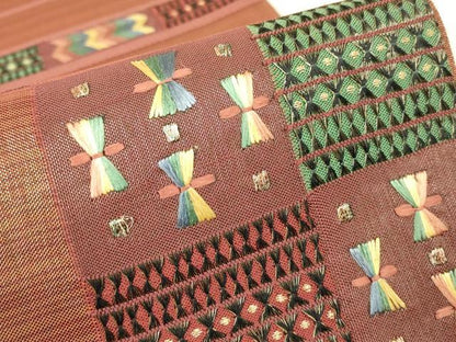 平和屋着物▼太鼓柄袋帯　刺繍　更紗花文　金糸　正絹　逸品　DABK4293az