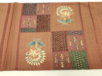平和屋着物▼太鼓柄袋帯　刺繍　更紗花文　金糸　正絹　逸品　DABK4293az