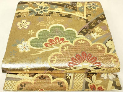 平和屋着物▼佐賀錦　六通柄袋帯　花松文　金糸　正絹　逸品　DABK4297az